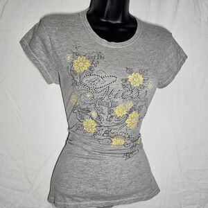 Vintage 2000s grey guess floral rhinestone baby tee